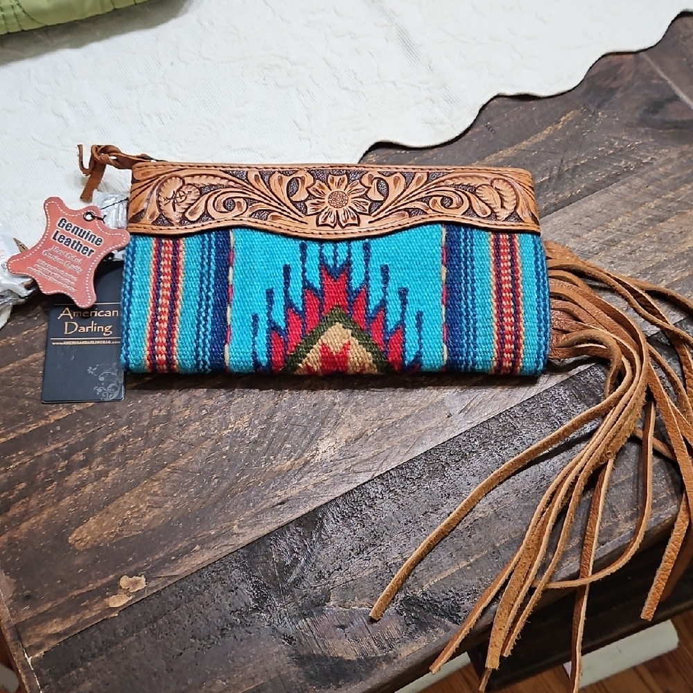 American Darling Turquoise and Brown Woven Leather Fringe Clutch